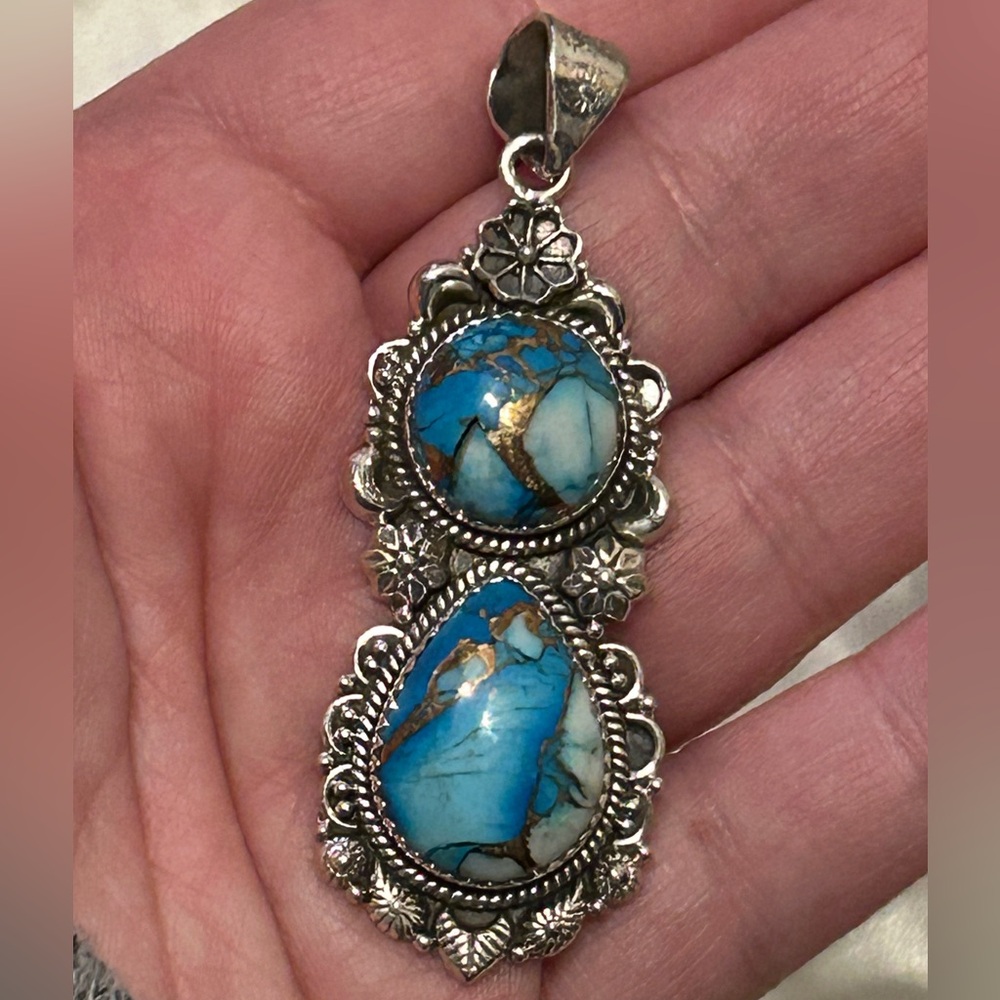 Huge Detailed Ice Blue Dahlia Double Stone Sterling Pendant